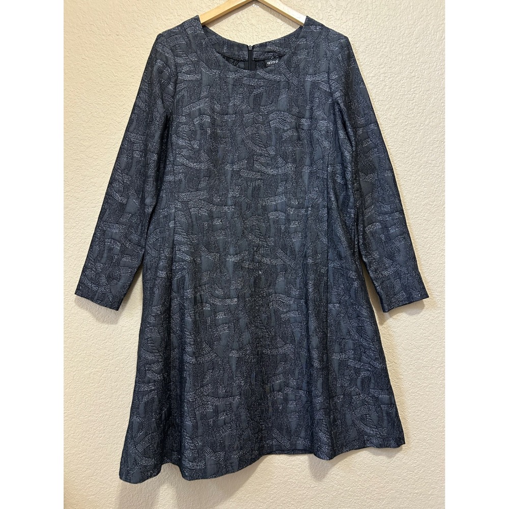 Aino Size M Jacquard A-Line Dress Charcoal Silver Scandi Minimalist Long Sleeve